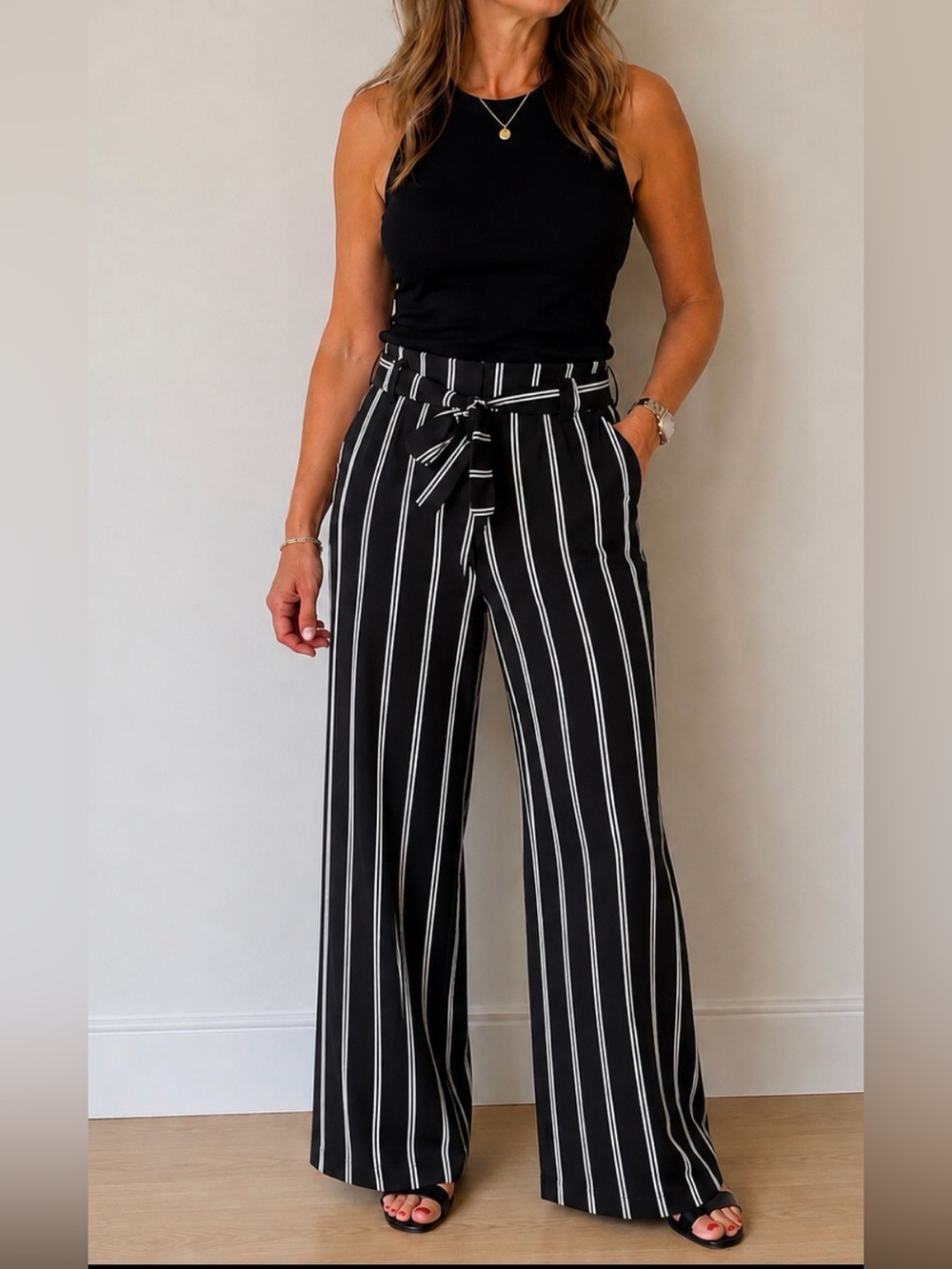 Suzy Shier Wide Leg Tie-Waist Striped Pants - Black /White